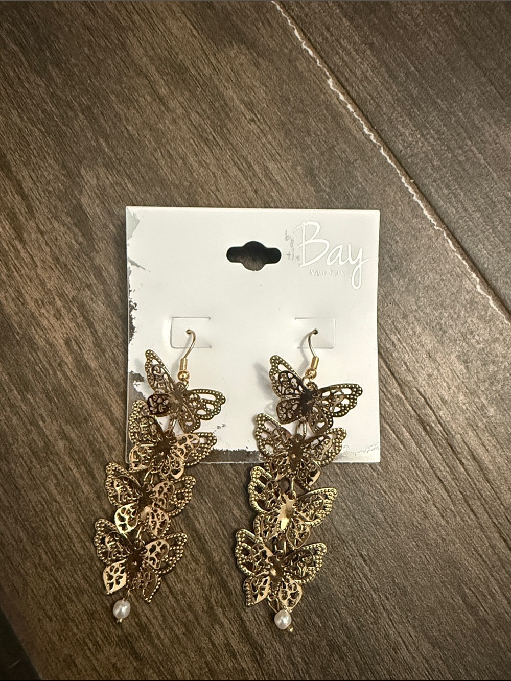by the way. Gold Filigree Butterfly Drop Earrings with Pearl Accent